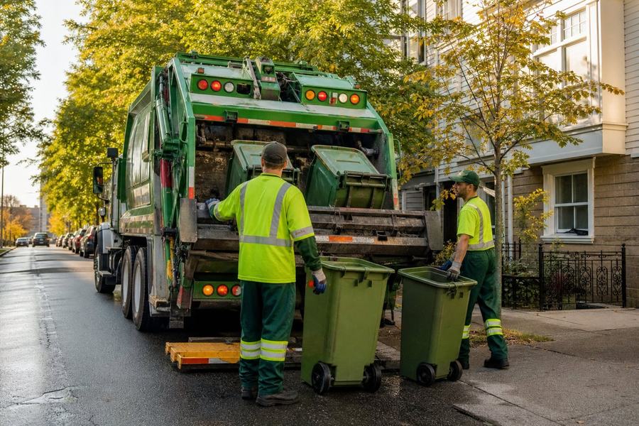 Municipal waste collection truck on a city street
